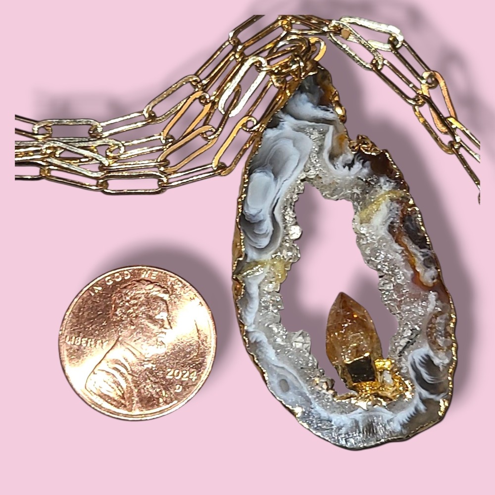 Crystal Geode Slice with Citrine Crystal Pendant‎ Necklace - Picture 3 of 4